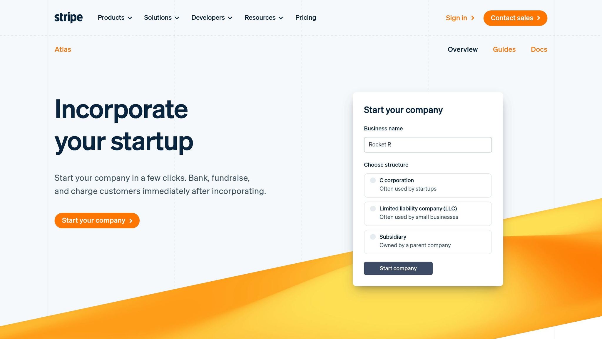 Stripe Atlas platform for incorporating a startup, featuring a form to start a company and options for business structure and LLC registration.