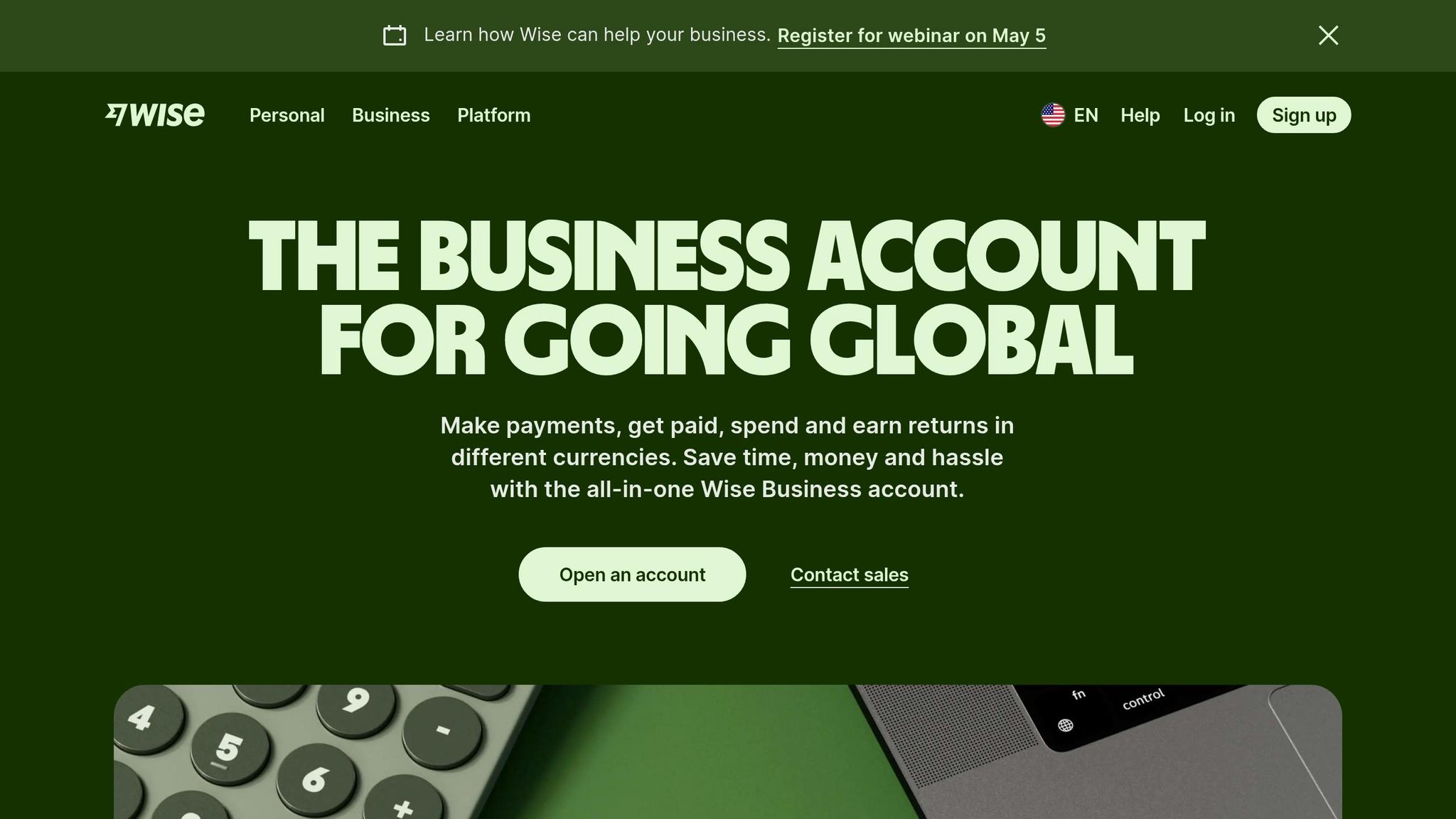 Business Anywhere platform for international business banking, enabling payments, earnings, and currency management without US address or SSN.
