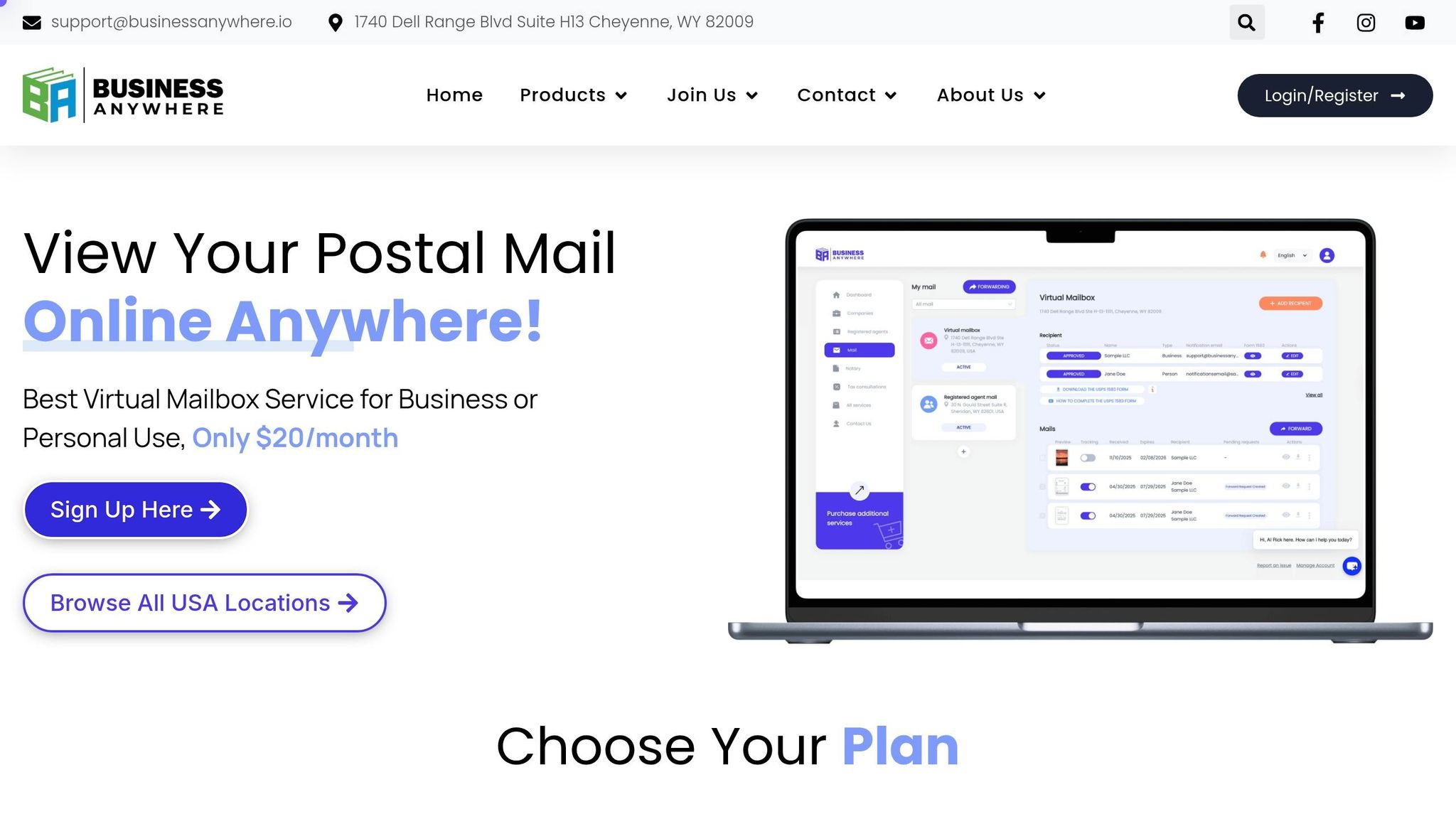 Screenshot of Business Anywhere's online mailbox platform on a laptop, showcasing email management features for business or personal use.
