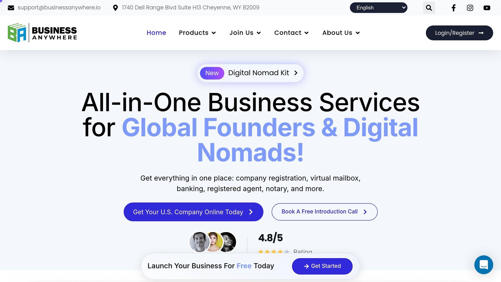 Business Anywhere logo with tagline 'All-in-One Business Services for Global Founders & Digital Nomads' emphasizing remote business solutions and digital entrepreneurship.