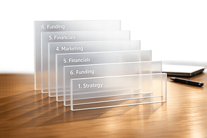 Transparent acrylic boards labeled with business topics like strategy, funding, marketing, and finances, arranged on a wooden table for strategic planning sessions.