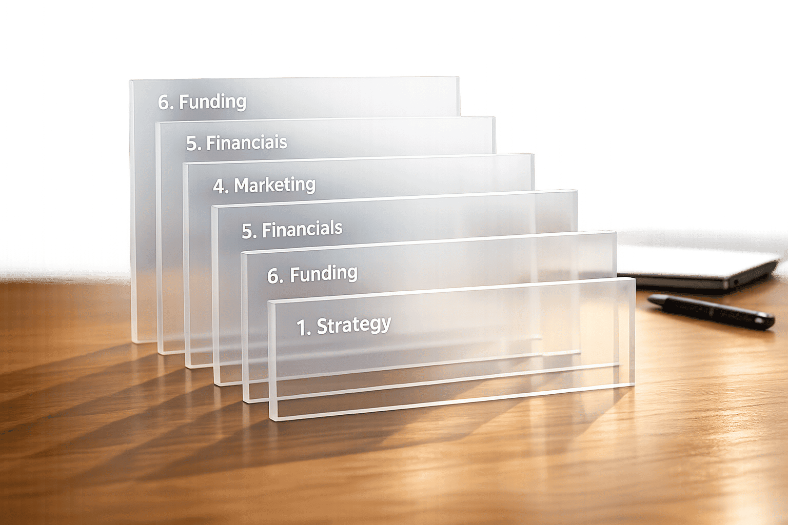 Transparent acrylic boards labeled with business topics like strategy, funding, marketing, and finances, arranged on a wooden table for strategic planning sessions.