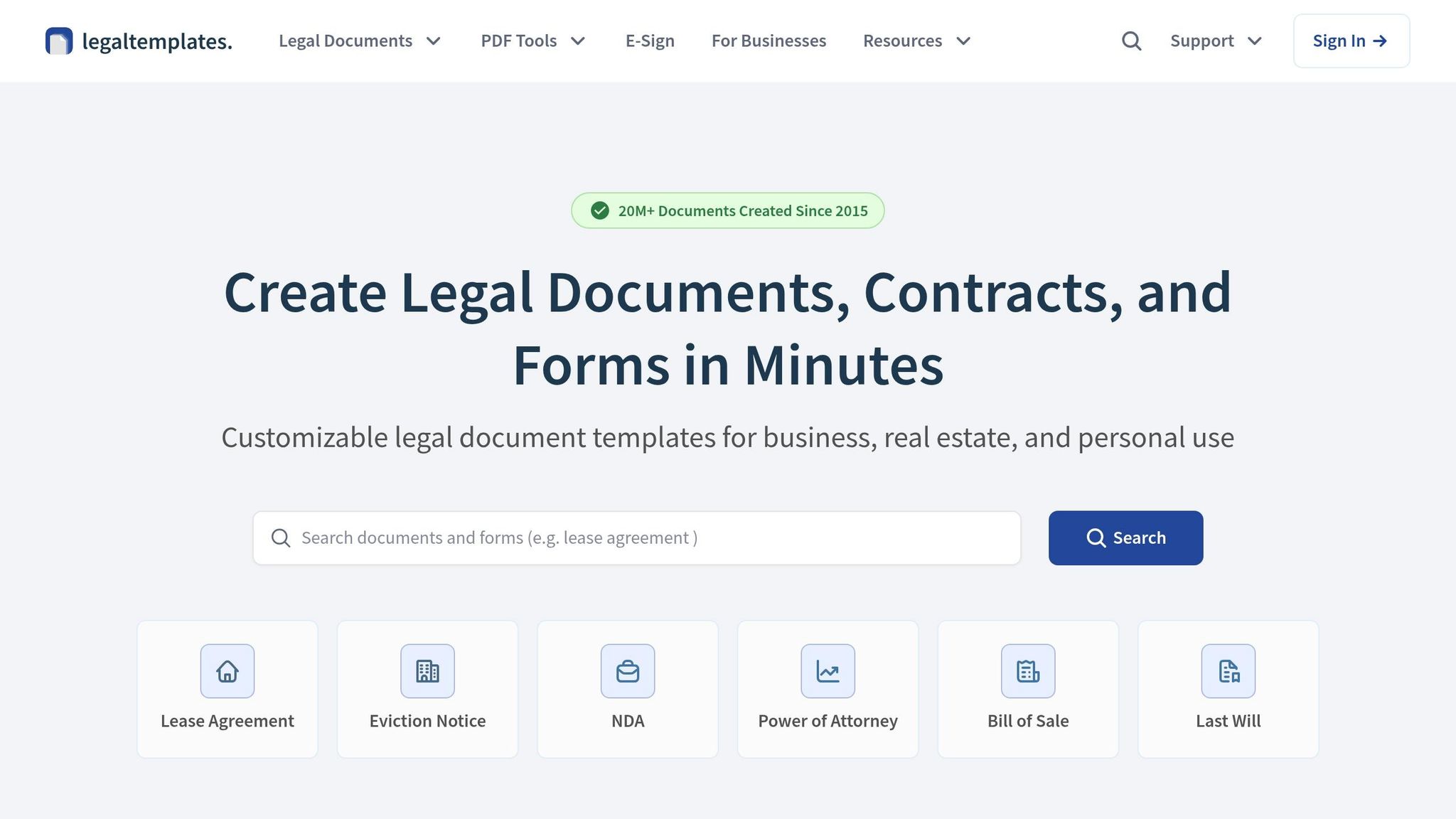 Screenshot of Business Anywhere platform showcasing customizable legal document templates for small businesses, including lease agreements and NDAs.