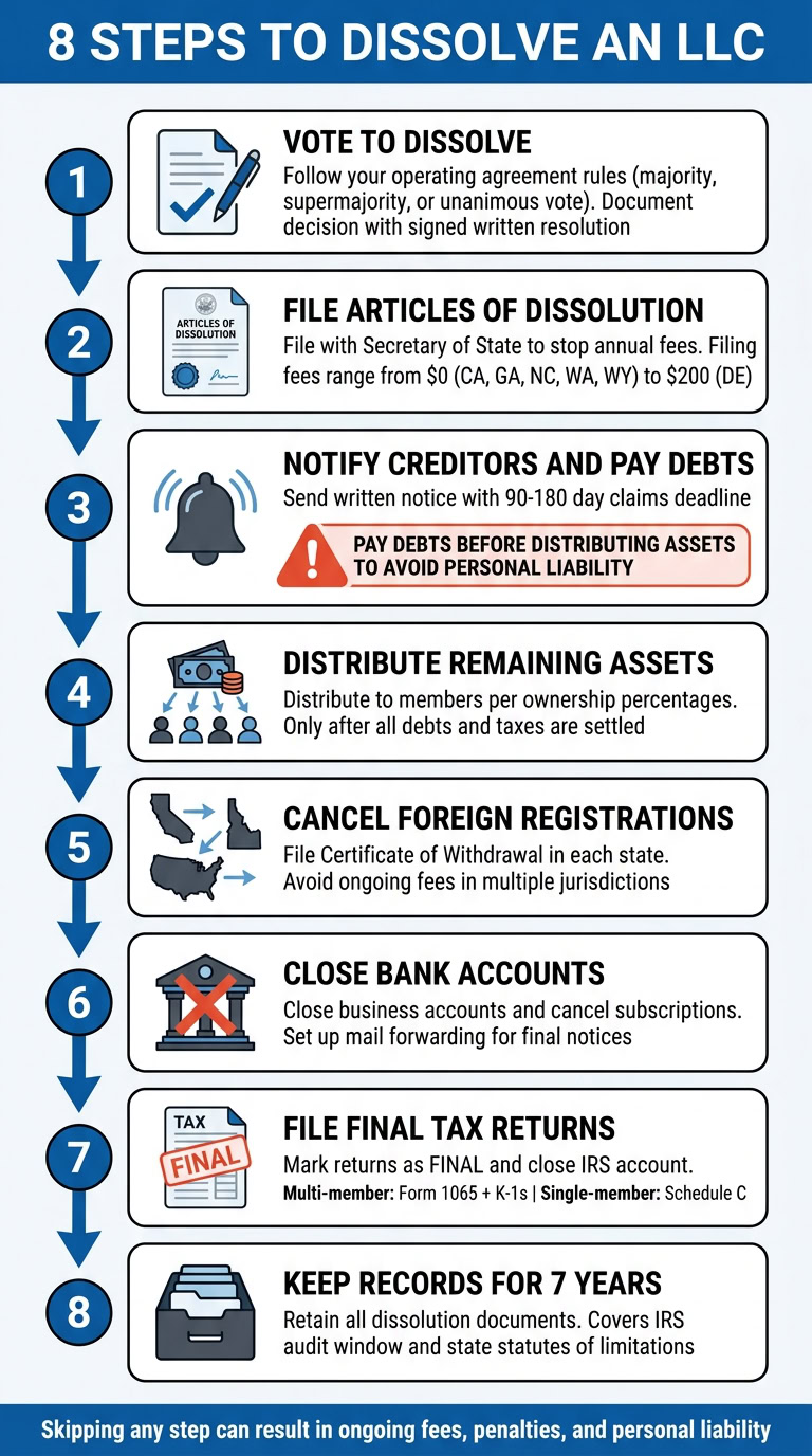 Illustration of the 8 steps to dissolve an LLC, including voting, filing articles, notifying creditors, distributing assets, and closing accounts.