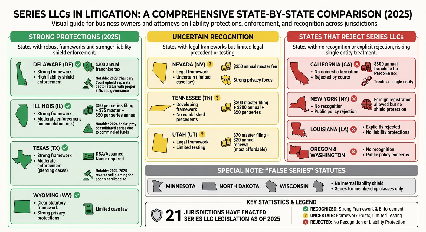 Visual guide comparing state-by-state recognition and protections for Series LLCs in litigation, highlighting strong protections, uncertainties, and states that reject Series LLCs.