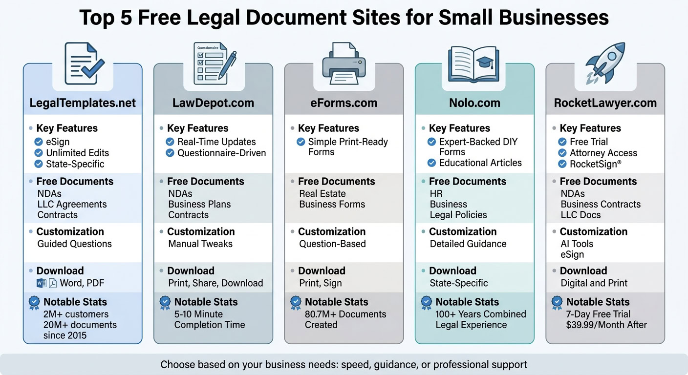 Comparison chart of top 5 free legal document websites for small businesses, highlighting features, documents, customization, and download options.