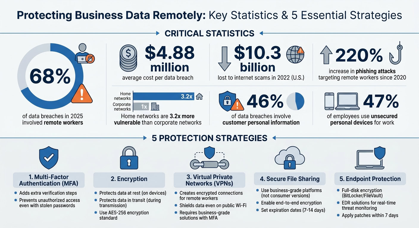 Remote business data protection with encryption, VPNs, and endpoint security for remote workers.