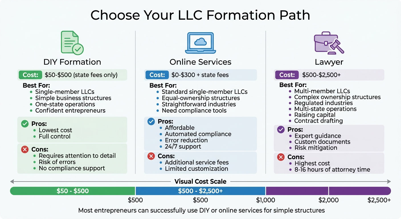 Guide to LLC formation options including DIY, online services, and lawyers with pros and cons for each method.