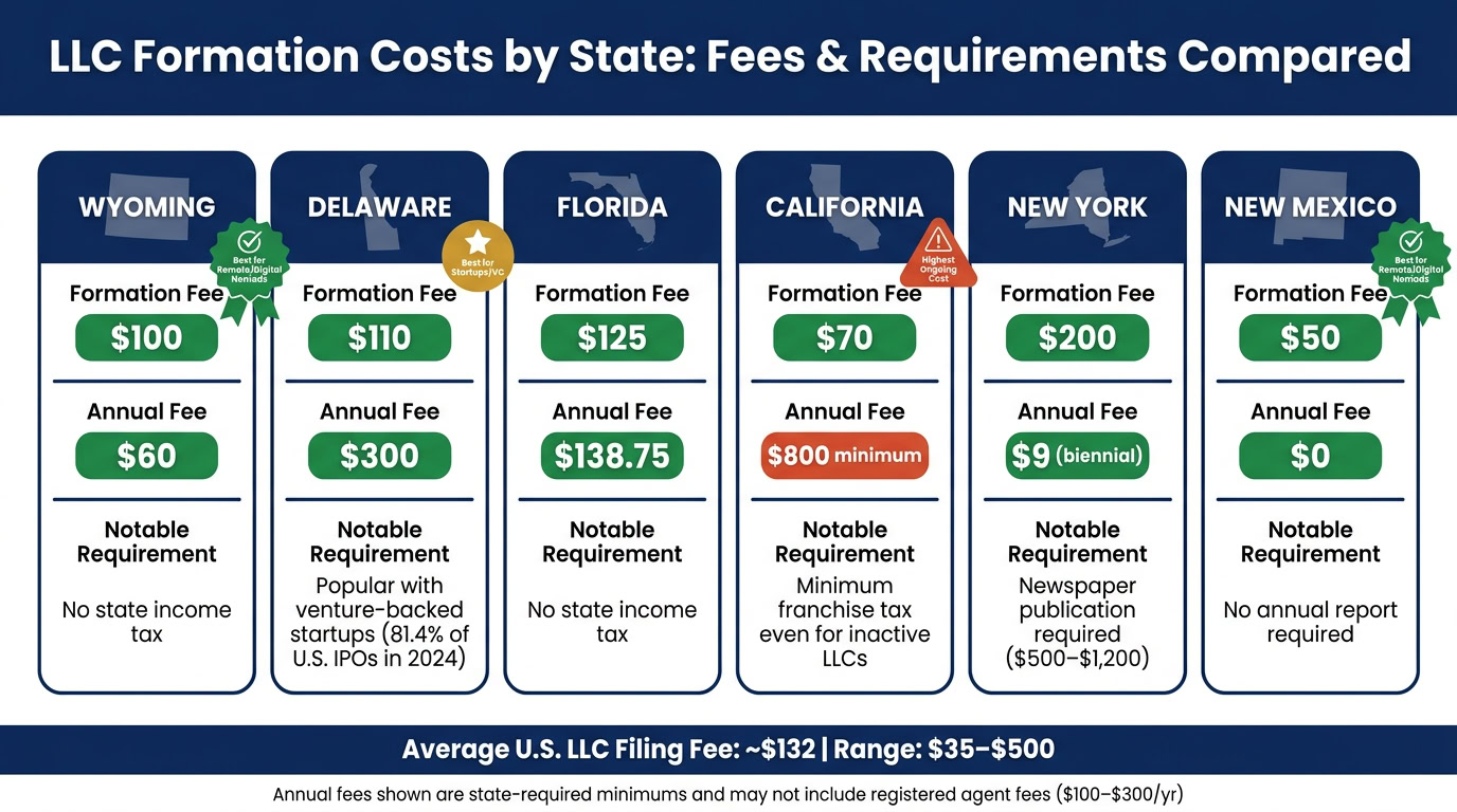Comparison of LLC formation fees and requirements across states including Wyoming, Delaware, Florida, California, New York, and New Mexico.