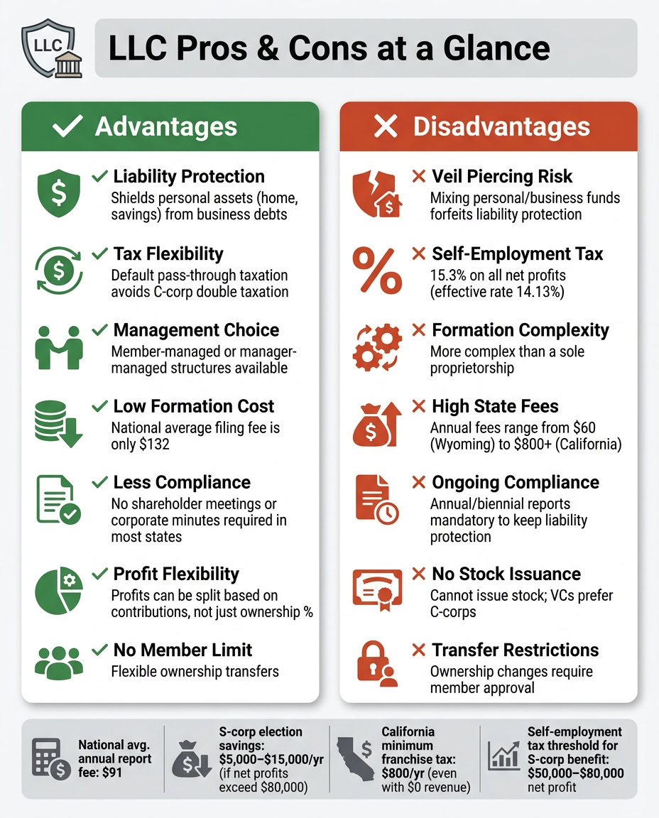Overview of LLC advantages and disadvantages for small business owners, including liability protection, tax flexibility, and formation complexity.