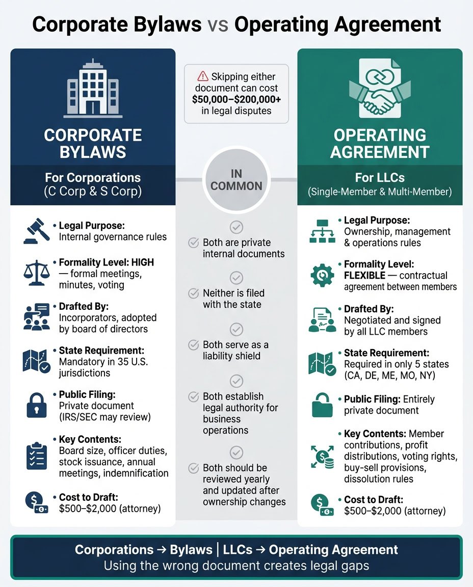 Comparison of corporate bylaws and operating agreement with key differences and legal considerations for businesses.