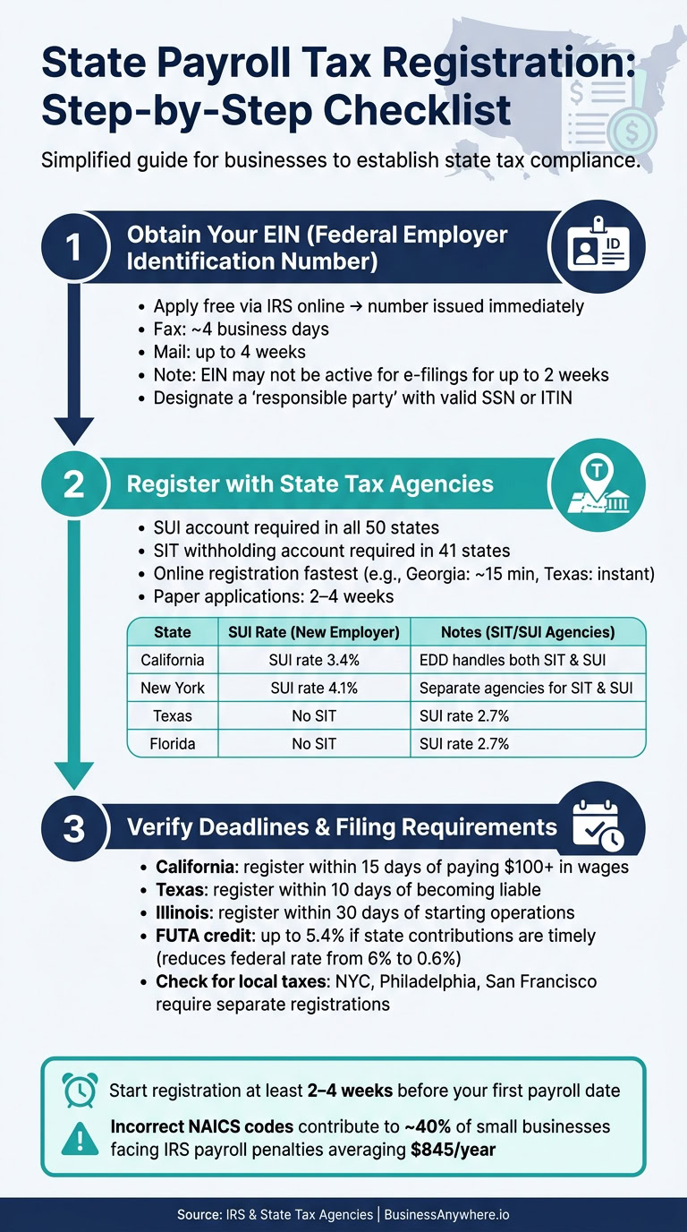 Step-by-step guide for businesses to register for state payroll taxes, including obtaining EIN, registering with state agencies, and verifying deadlines.