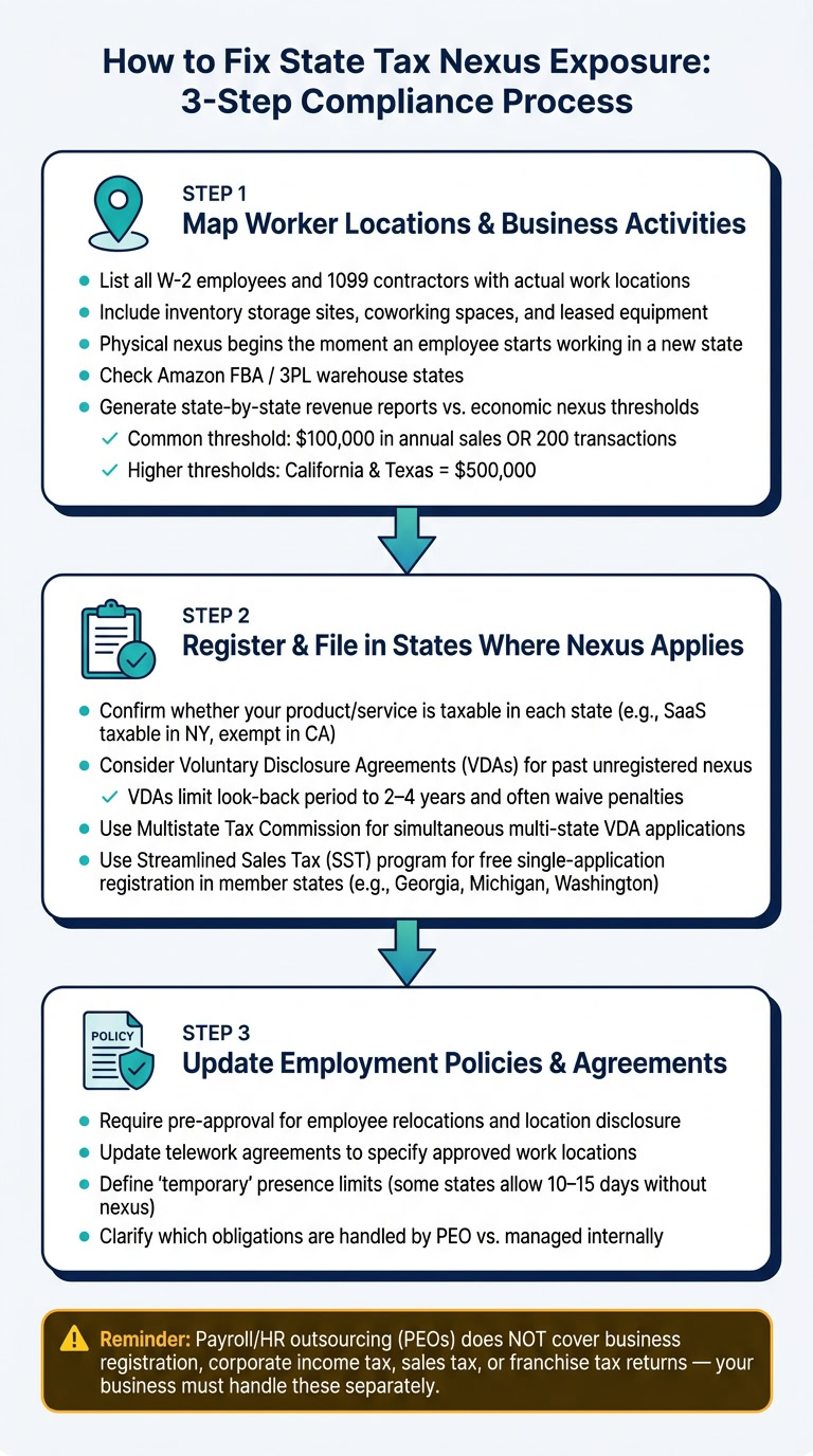 Illustration of remote business compliance process with three steps for state tax nexus and remote business registration.