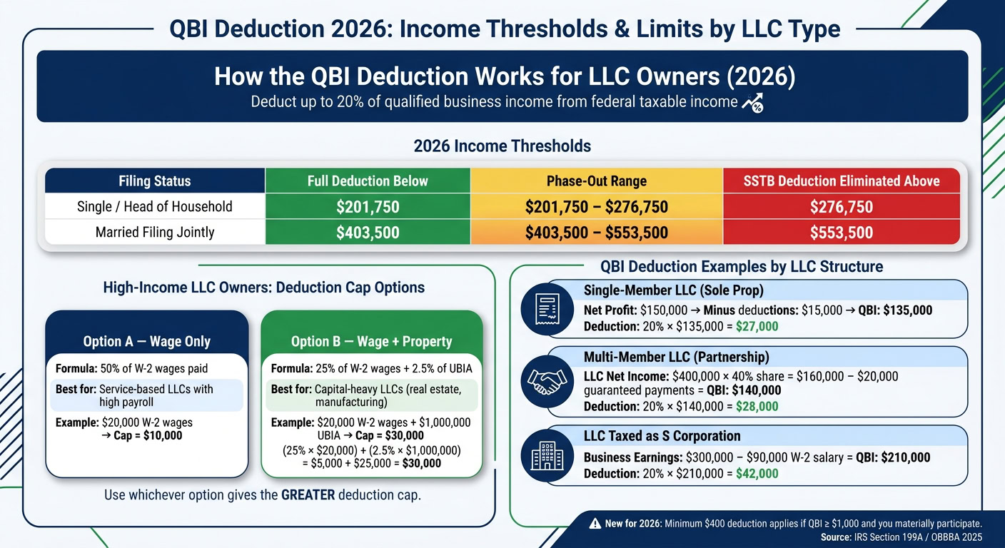 Infographic explaining the 2026 income thresholds and limits for the QBI deduction for LLC owners, including filing status and LLC structure details.
