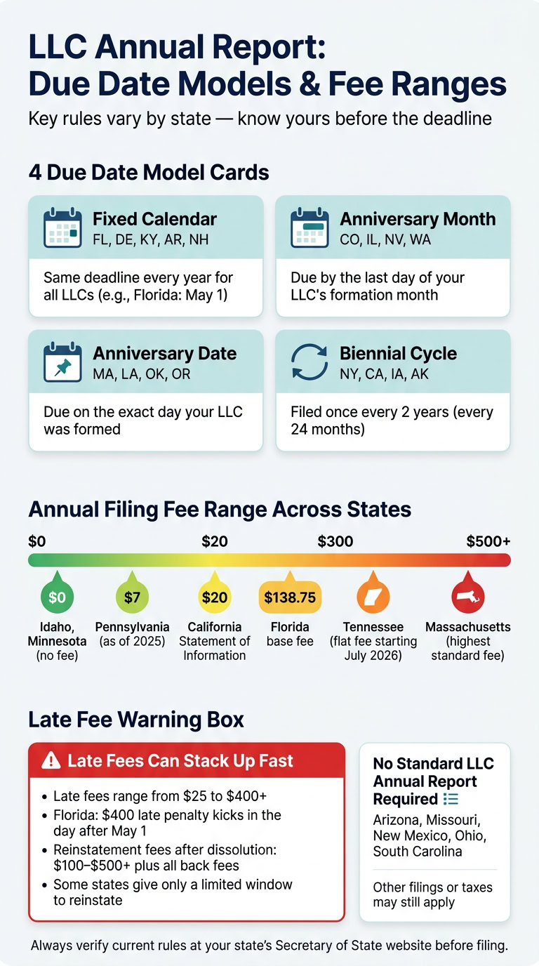 Infographic showing LLC annual report due date models, fee ranges, and late fee warnings across different states.