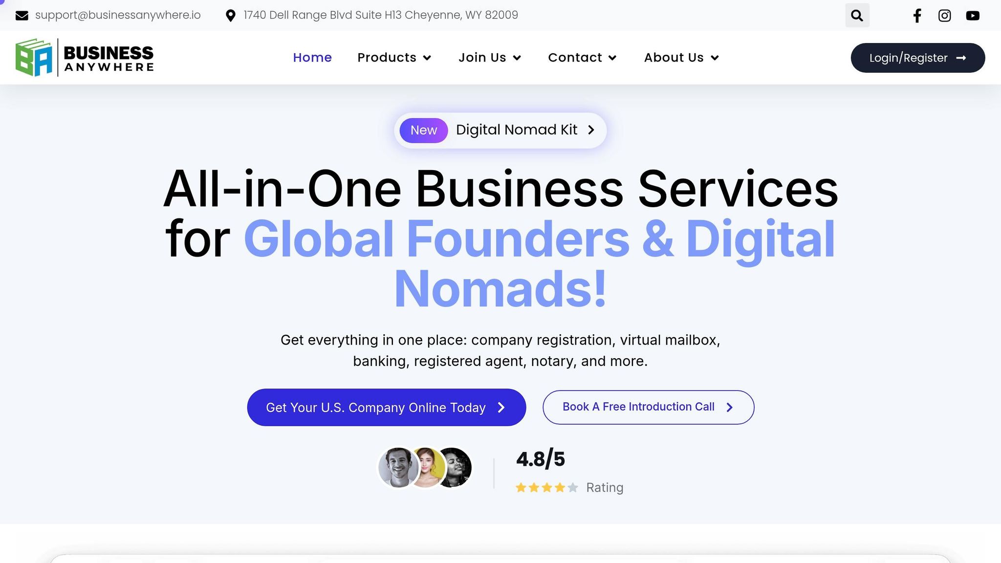 Business Anywhere logo with tagline 'All-in-One Business Services for Global Founders & Digital Nomads' highlighting company services and global reach.