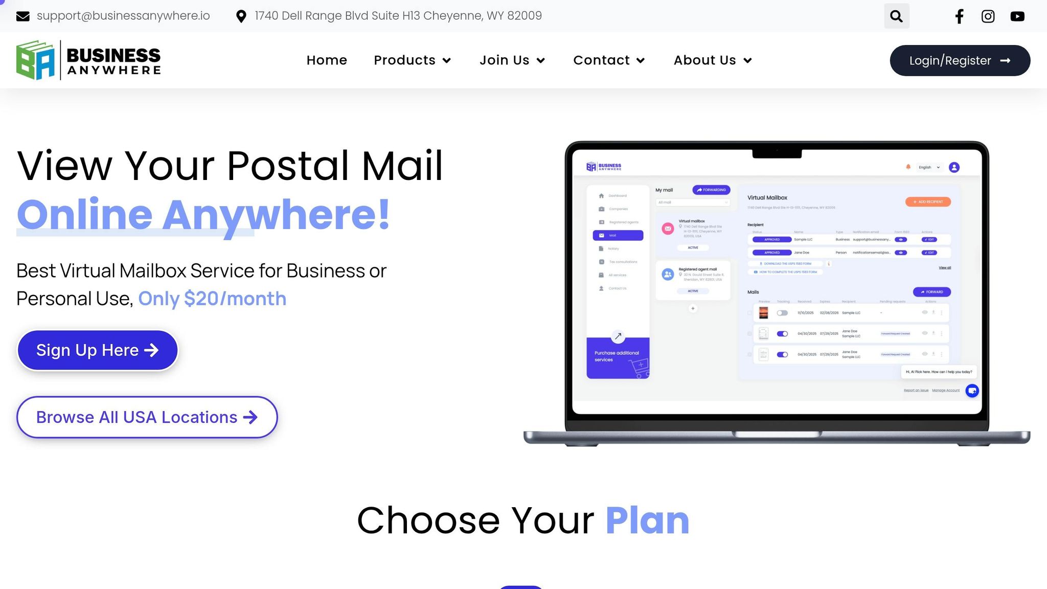 Screenshot of Business Anywhere's online mailbox management platform showcasing features for virtual mail services in South Dakota.