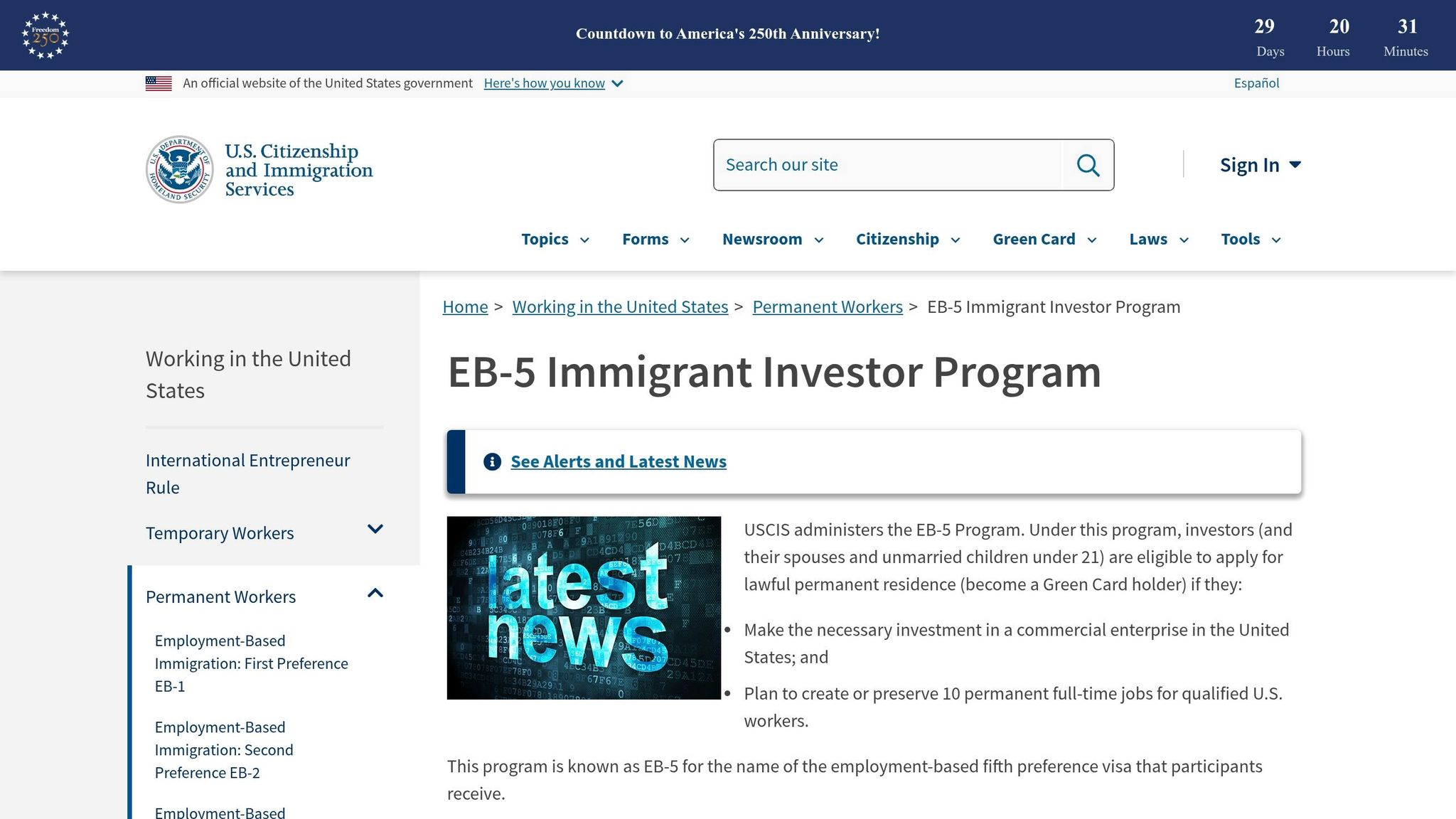 Illustration of the EB-5 Immigrant Investor Program with U.S. Citizenship and Immigration Services branding, highlighting investment opportunities for foreign entrepreneurs.