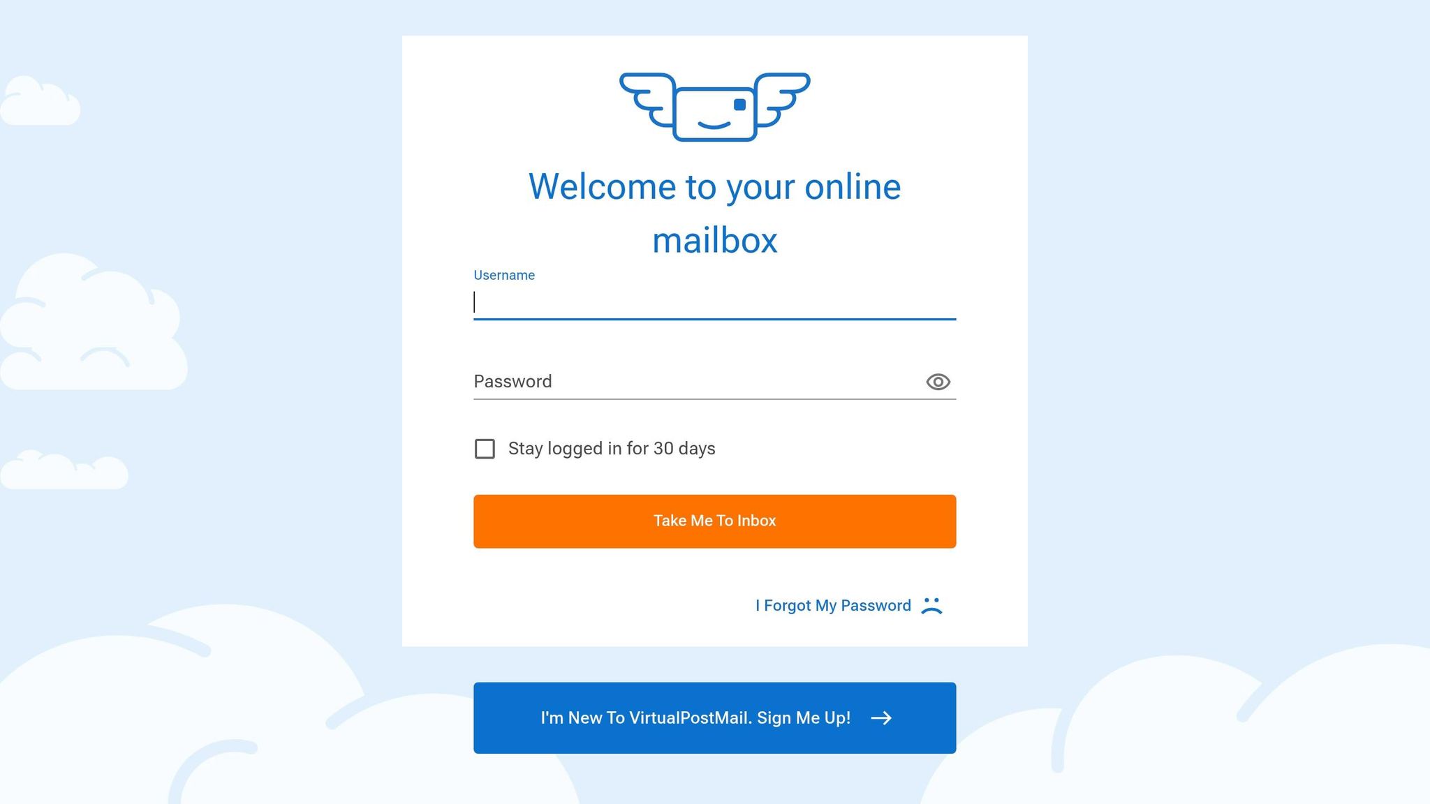 Digital mailbox login screen with username and password fields, featuring a friendly cloud-themed background and a prominent orange login button.