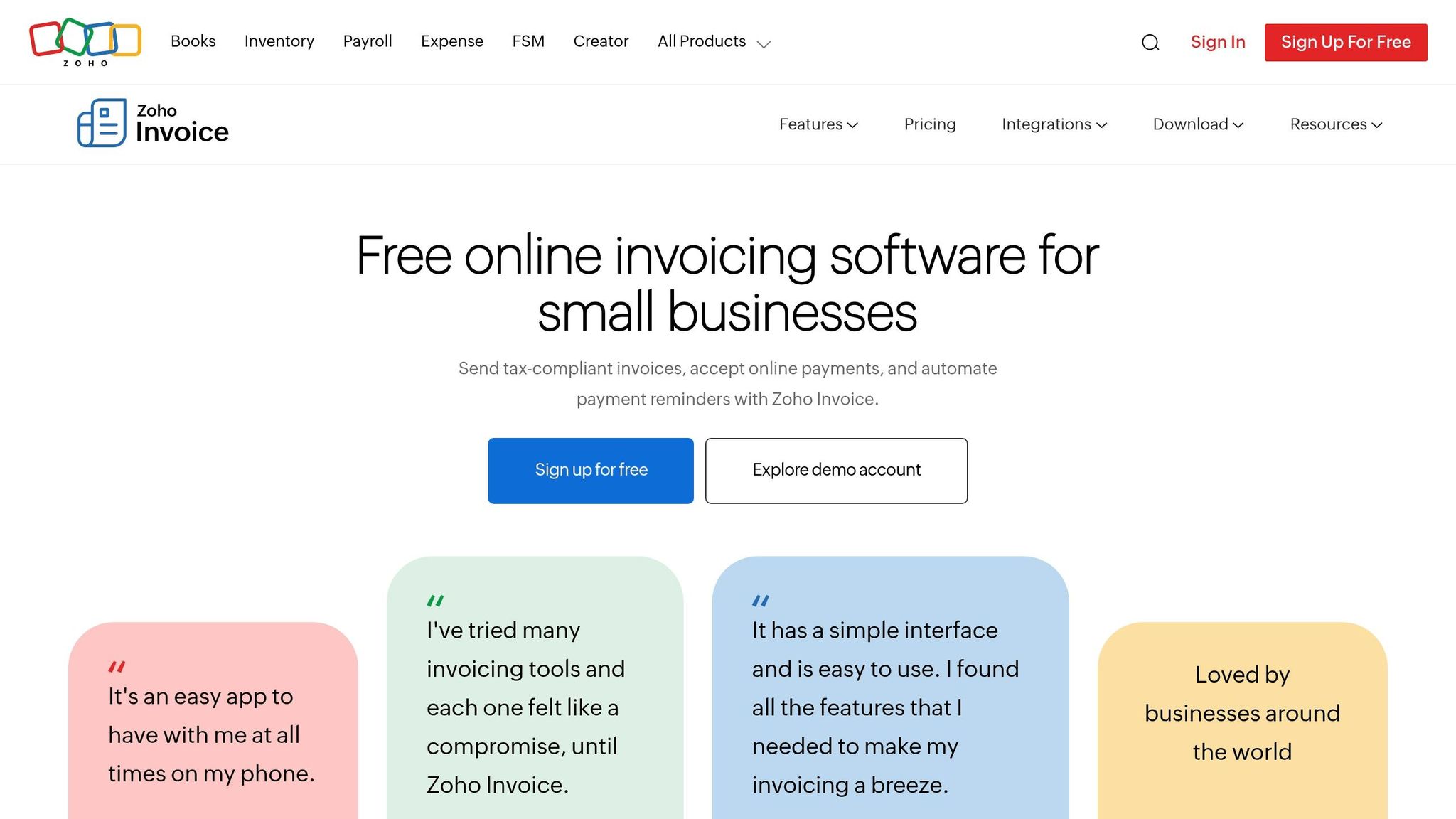 Screenshot of Zoho Invoice online invoicing software interface showing features for small businesses.