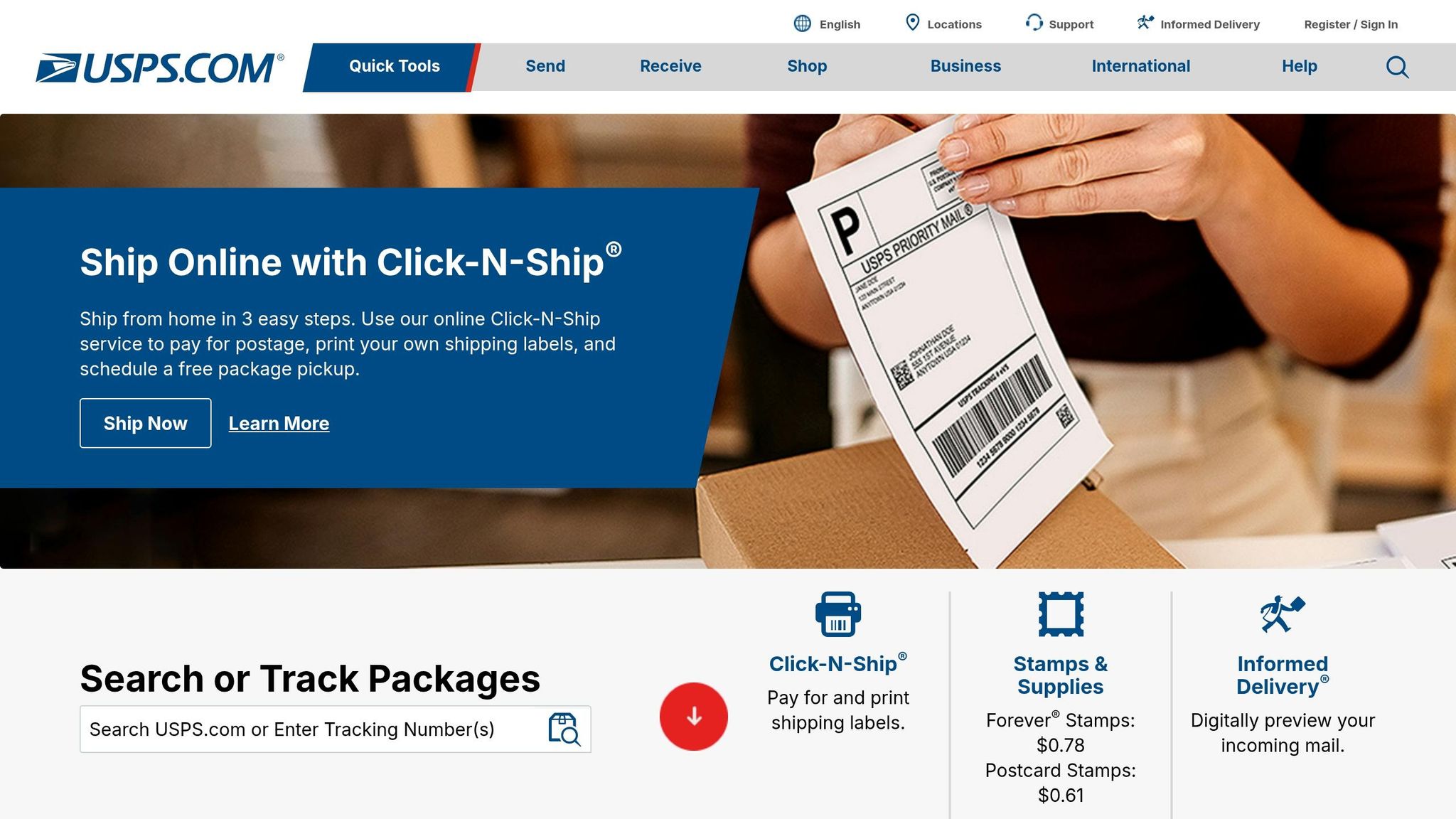 A person holding a shipping label over a package, illustrating mailing address services for remote or mobile individuals.