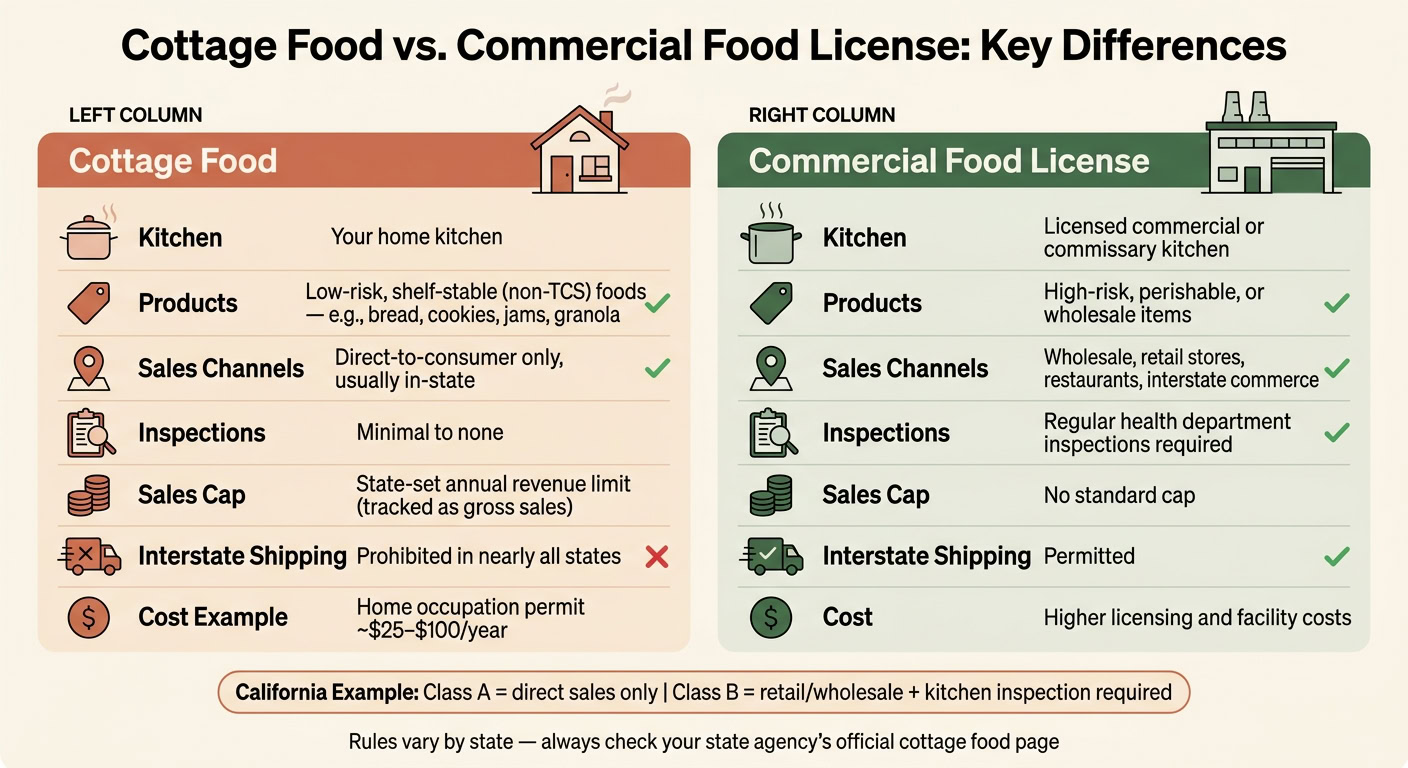 Comparison of cottage food and commercial food licenses highlighting key differences in kitchen, products, sales channels, inspections, sales cap, interstate shipping, and costs.