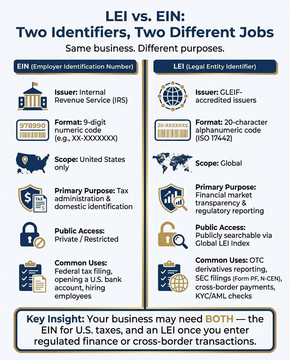 Comparison chart of LEI and EIN highlighting issuer, format, scope, purpose, access, and uses for business identification and compliance.