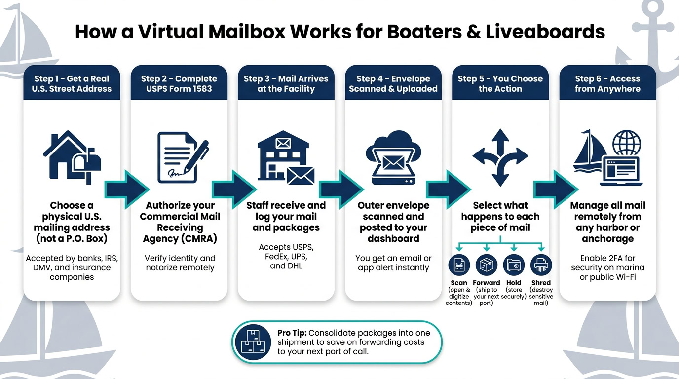 Illustration of how a virtual mailbox works for boaters and liveaboards, showing steps from address verification to mail management from anywhere.