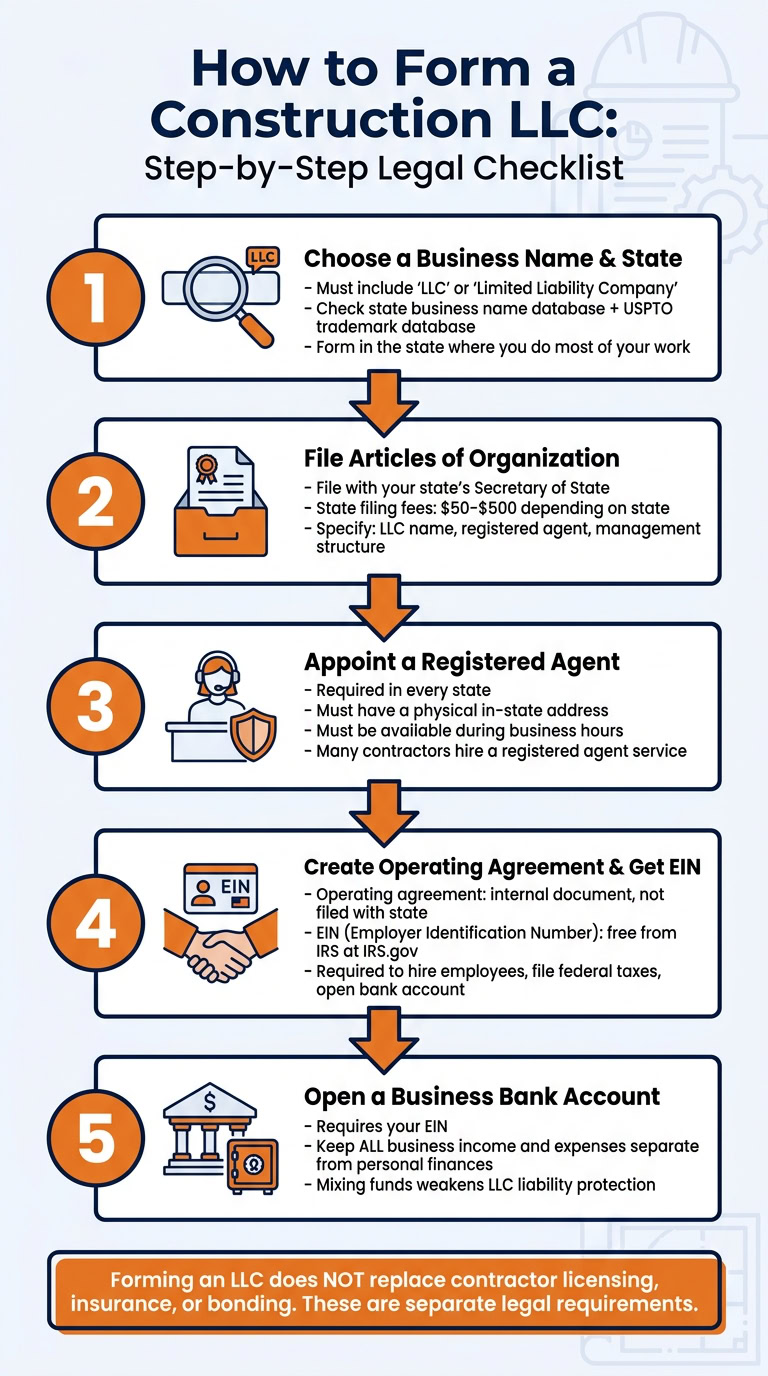 Step-by-step legal checklist for forming a construction LLC, including choosing a name, filing articles, appointing an agent, creating operating agreement, and opening a bank account.