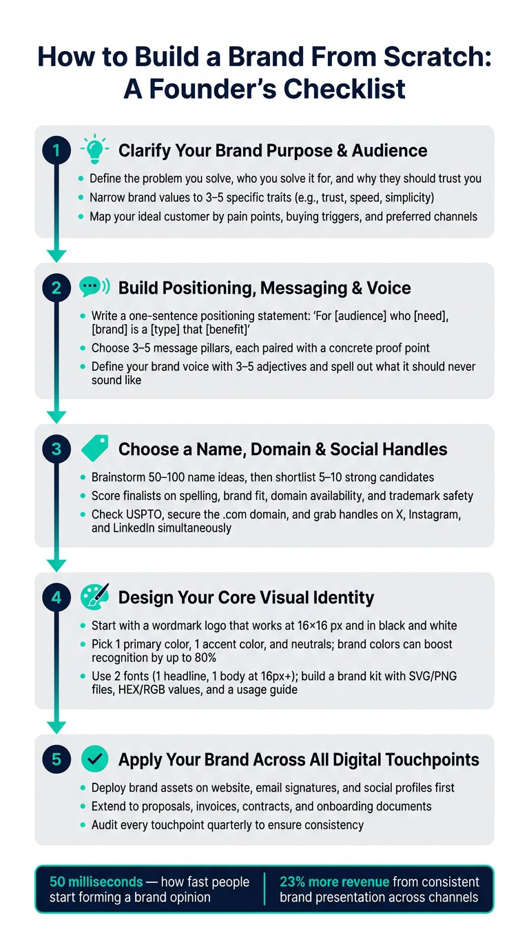 Step-by-step guide on how to build a brand from scratch, including defining purpose, positioning, choosing handles, designing logo, and digital branding.