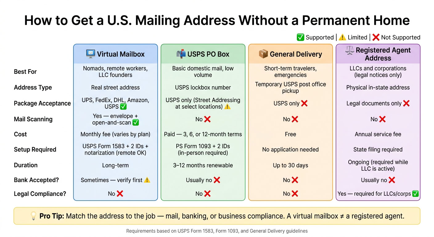U.S. Mailing Address Options Compared: Virtual Mailbox vs PO Box vs General Delivery vs Registered Agent