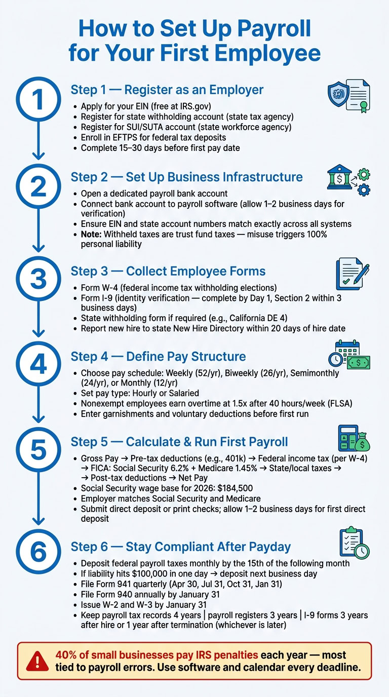 Illustration of payroll setup process for new employees, including steps for registration, infrastructure, forms, and compliance.