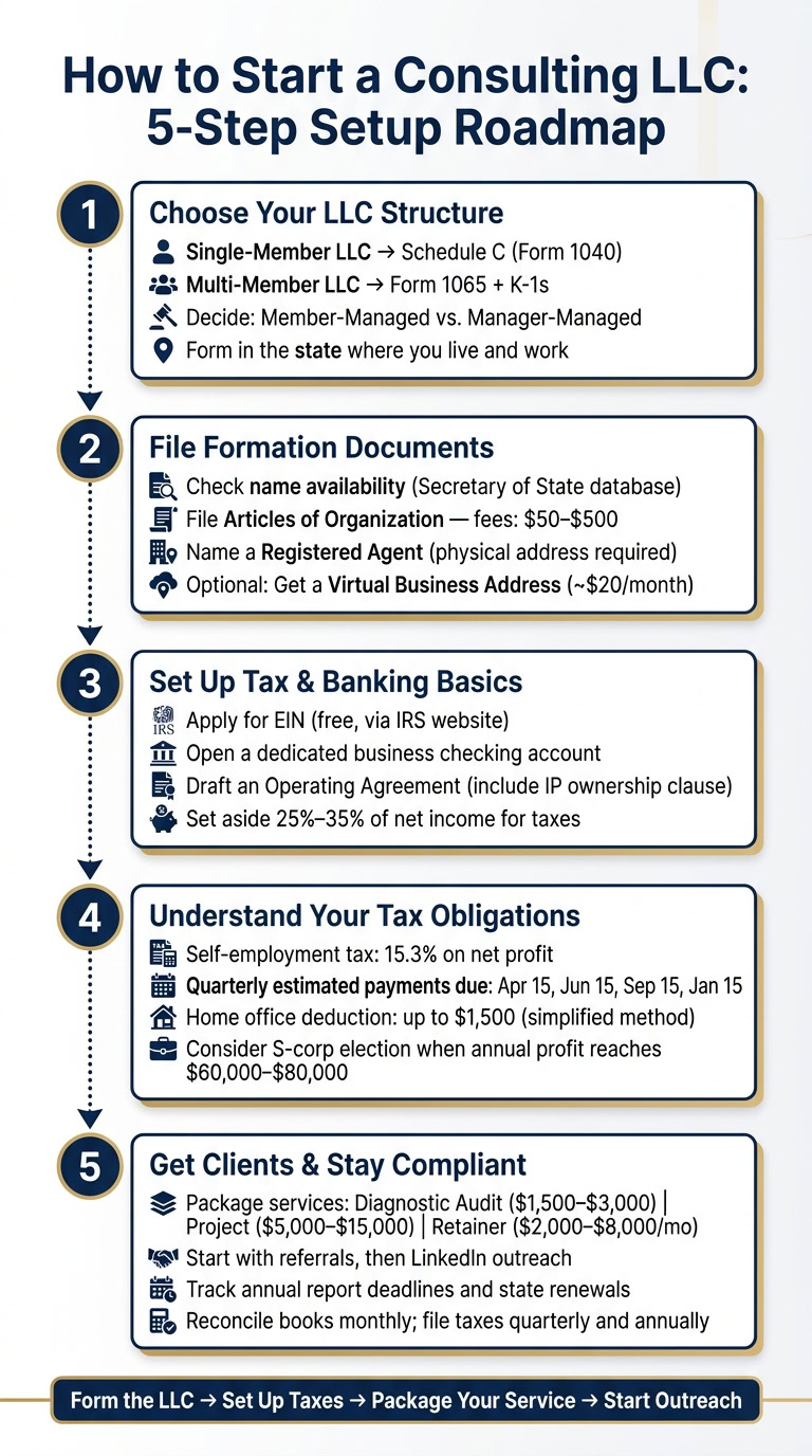 Visual roadmap for starting a consulting LLC, including steps for structure, documents, taxes, obligations, and client management.