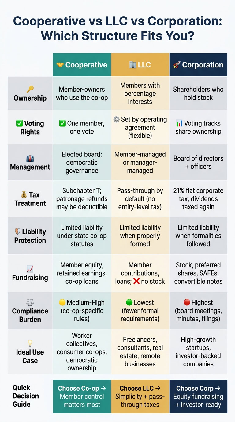 Comparison chart of Cooperative, LLC, and Corporation business structures highlighting ownership, voting rights, management, tax treatment, liability protection, fundraising, compliance, and ideal use.