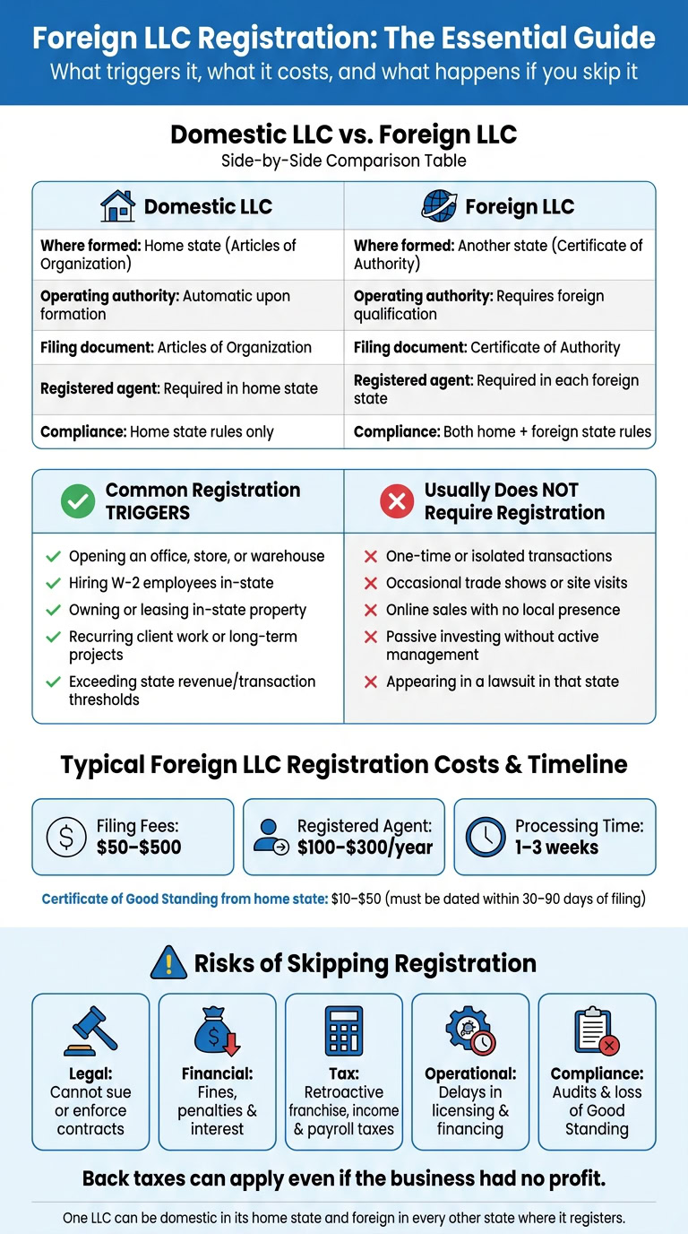Comparison of Domestic and Foreign LLC registration requirements and costs, including triggers, costs, risks, and back taxes.