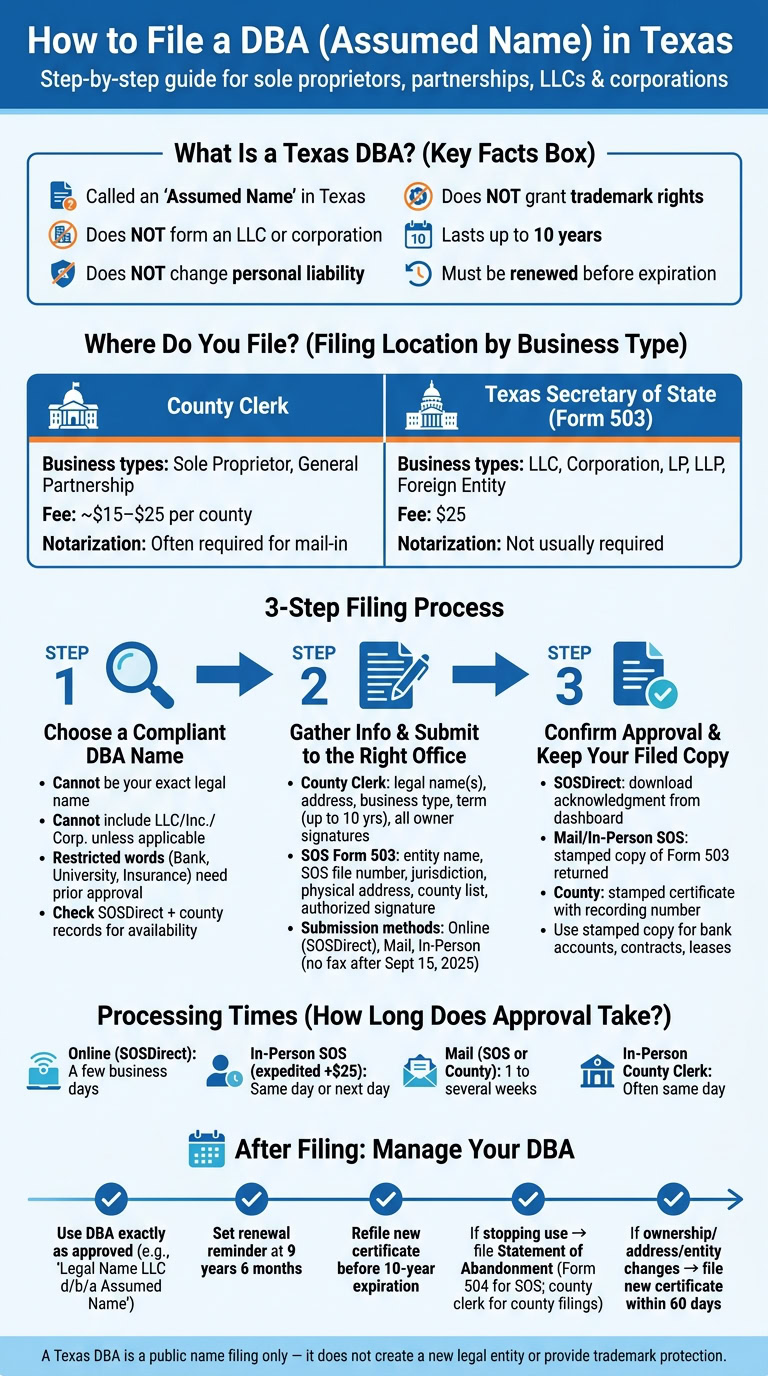 Step-by-step guide on how to file a DBA in Texas, including key facts, filing process, and post-filing management tips for business owners.
