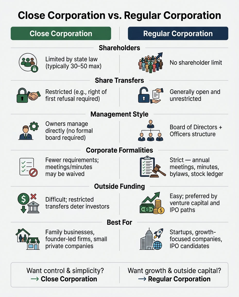 Close Corporation vs Regular Corporation: Side-by-Side Comparison