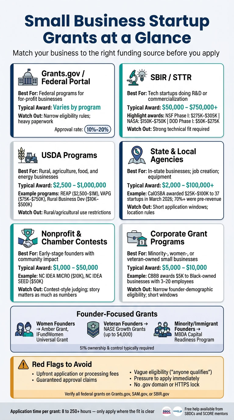 Infographic showing various small business startup grants including federal, state, local, nonprofit, and corporate programs with eligibility and award details.