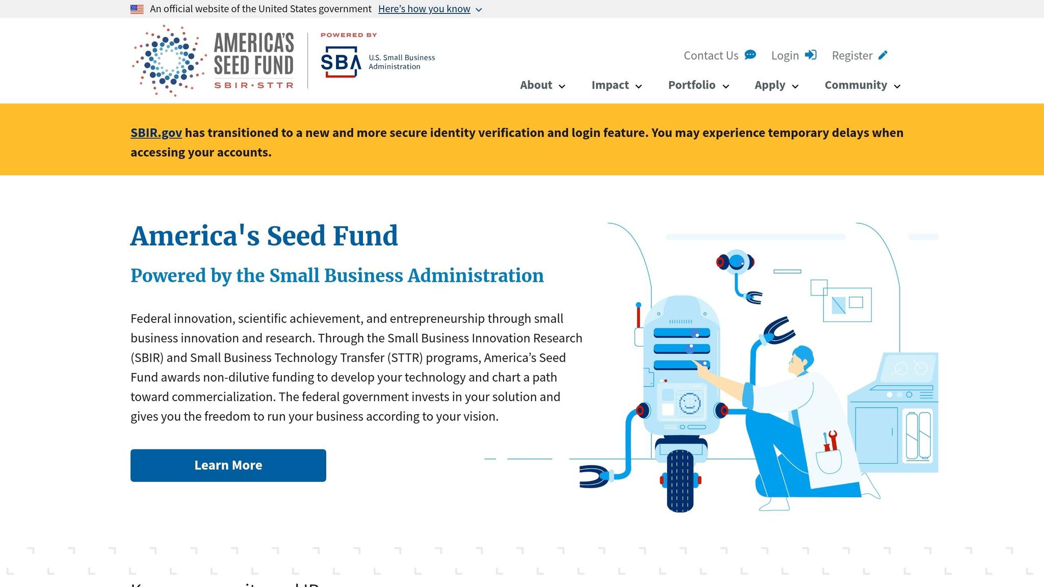 Illustration of a scientist working in a lab with scientific equipment, representing innovation and research for small businesses funded by America's Seed Fund.