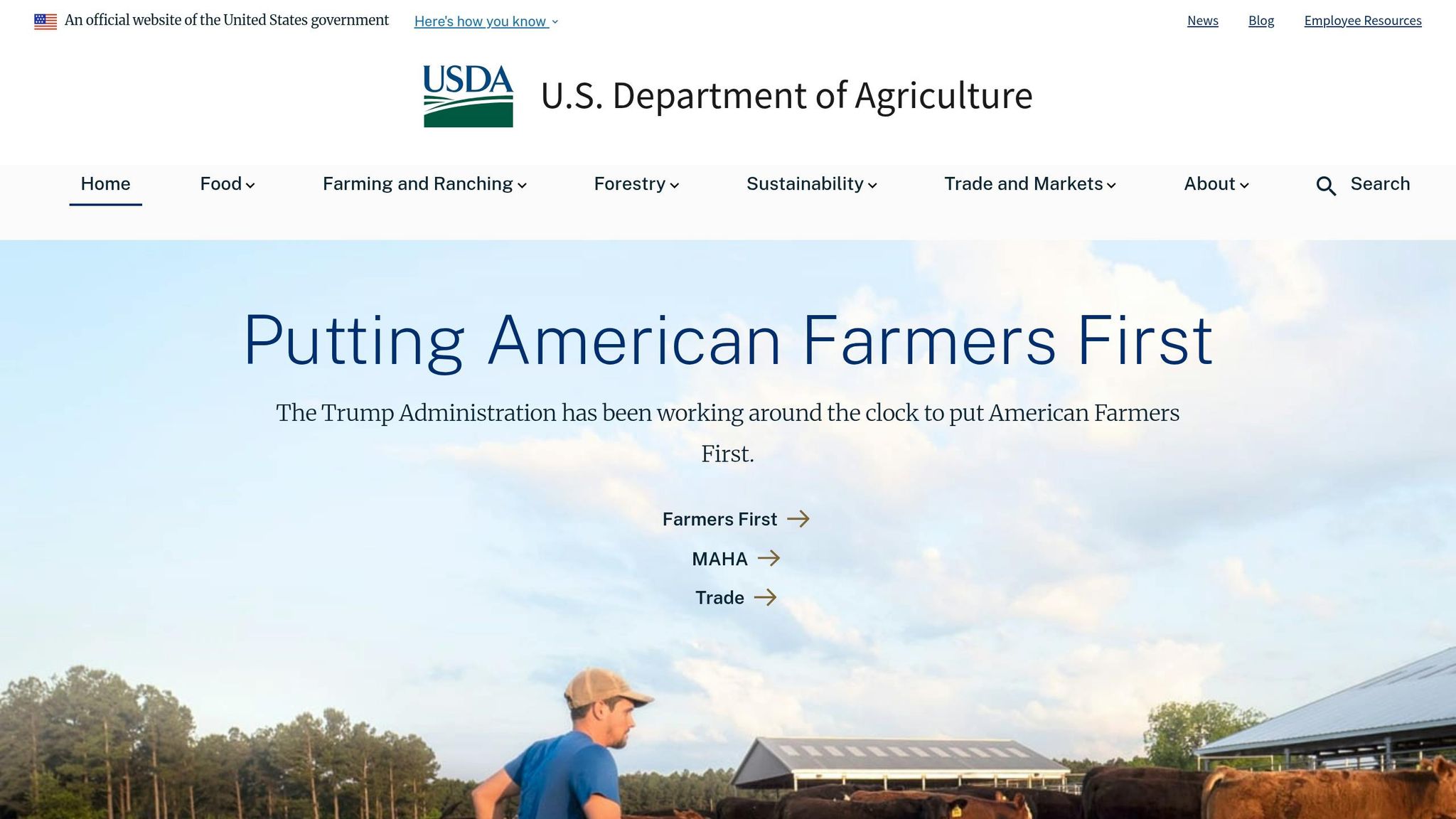 U.S. Department of Agriculture building with solar panels and farm landscape, promoting sustainable farming and American agriculture.