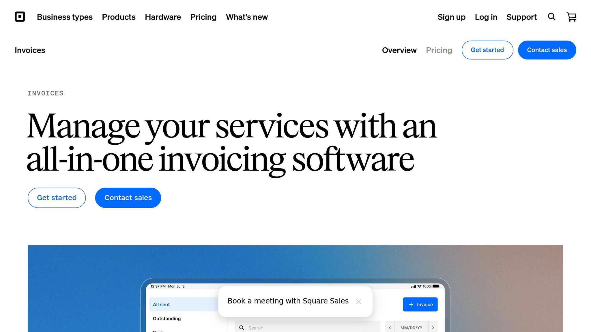 Screenshot of invoicing software interface showing service management and booking features for small businesses.