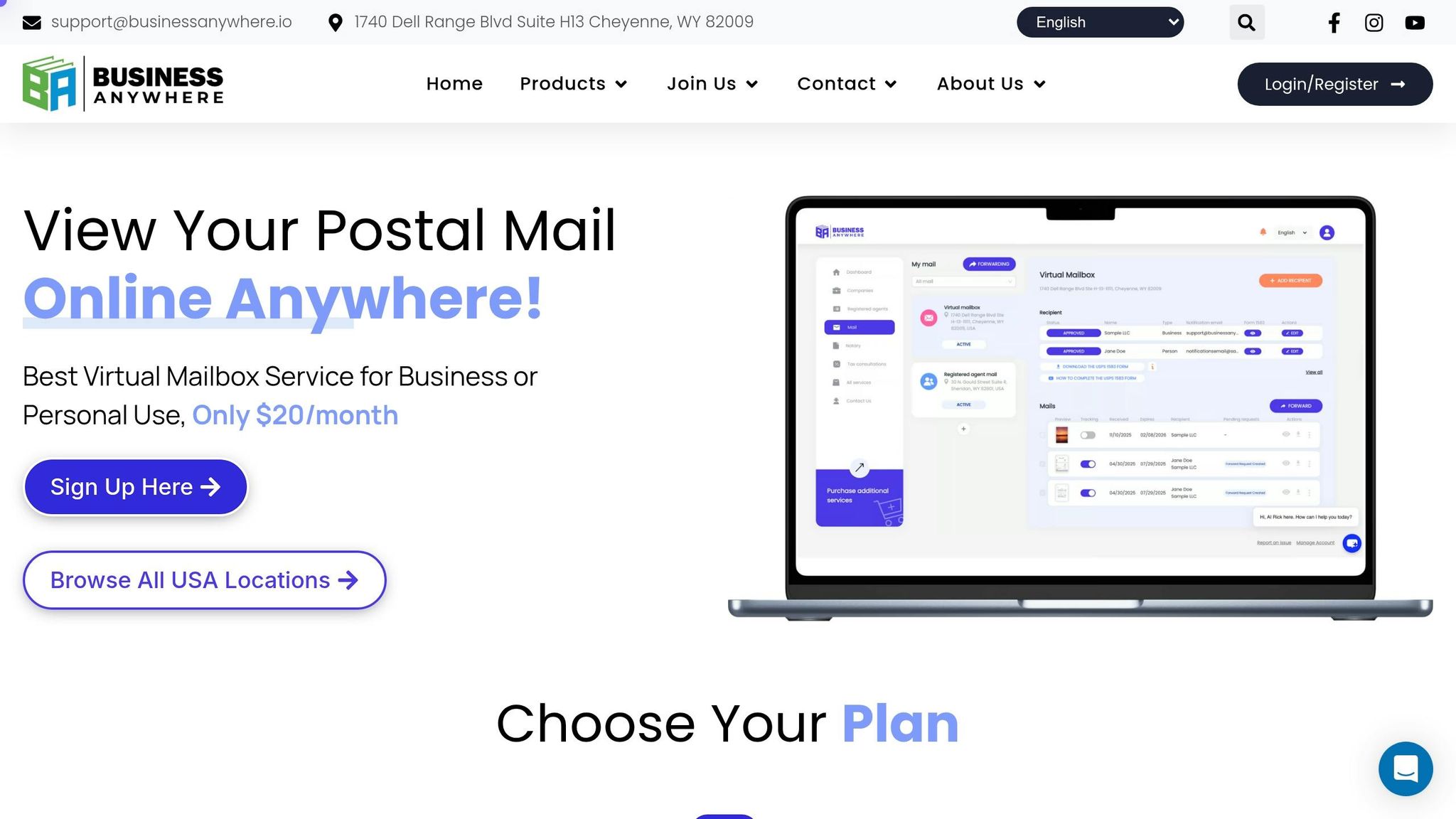 Screenshot of Business Anywhere's virtual mailbox platform showing mail management features for remote check deposits.