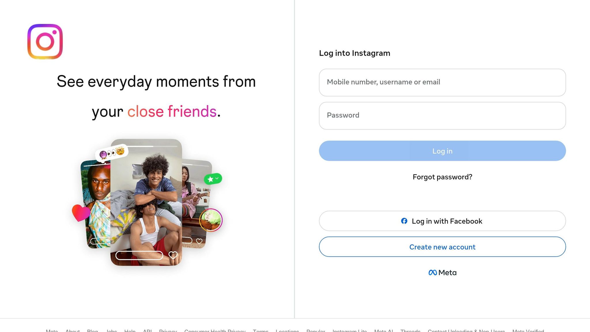 Instagram login screen showing options to log in with mobile number, username, email, Facebook, or Meta for Business Anywhere.