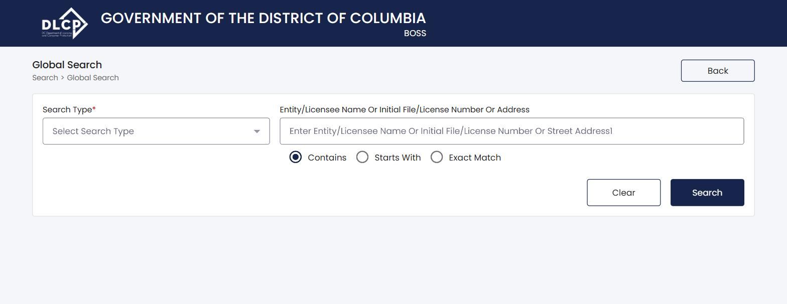 Screenshot of the Washington DC business entity search page showing search options for license or entity name and address.