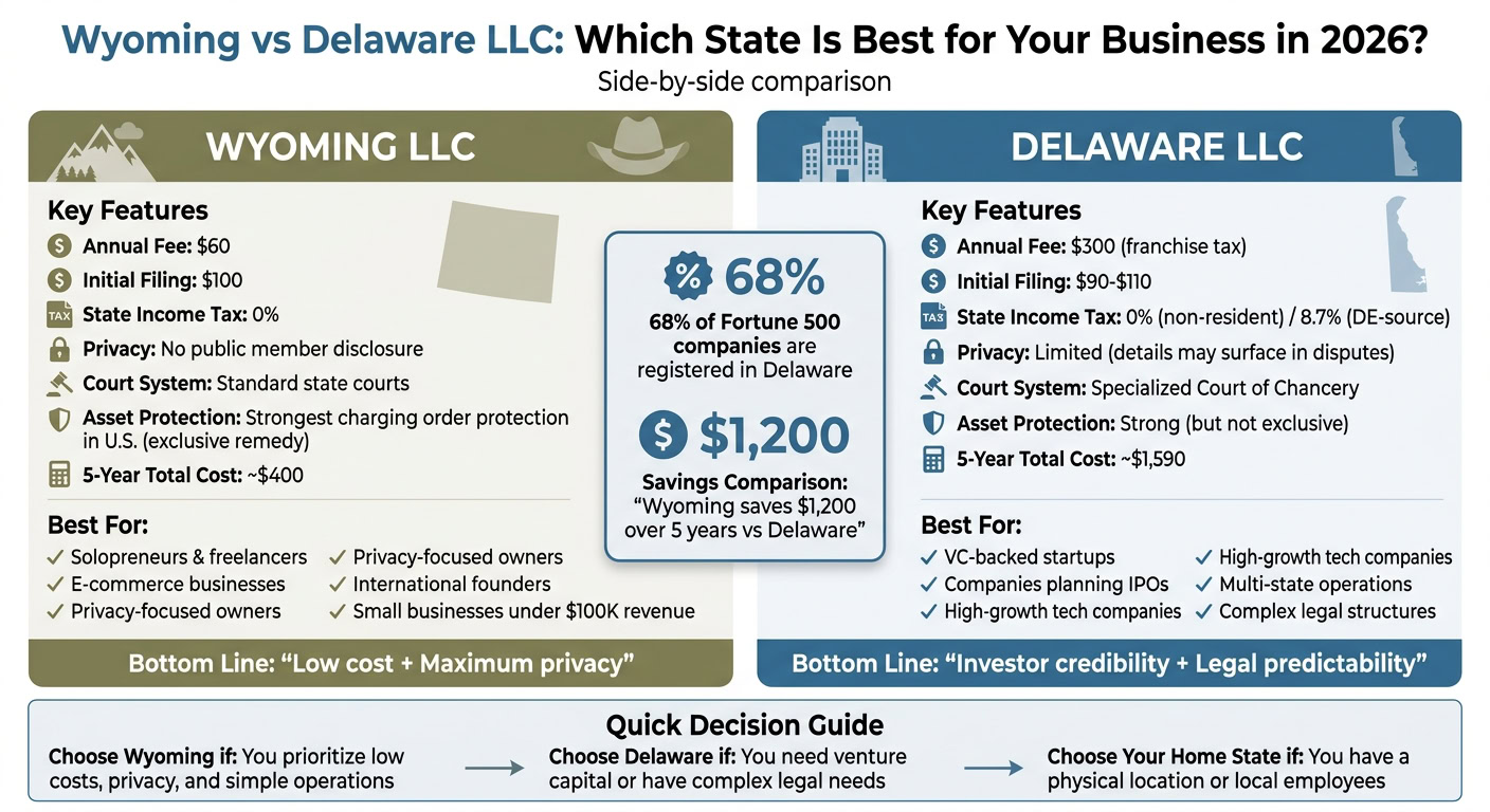 Comparison of Wyoming LLC and Delaware LLC key features and benefits for business owners in 2026.