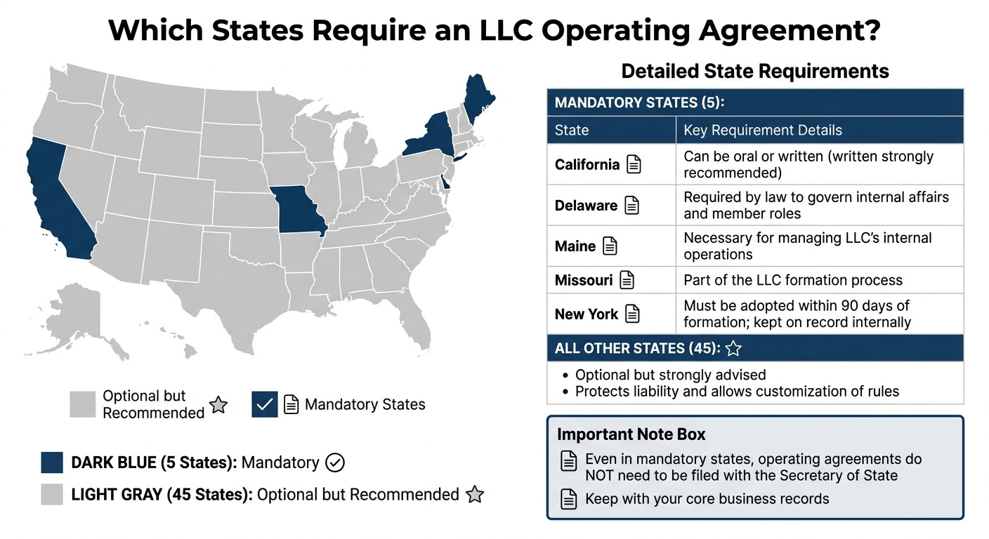 Map showing states requiring LLC operating agreements, highlighting California, Delaware, Maine, Missouri, and New York, with details on state-specific requirements.