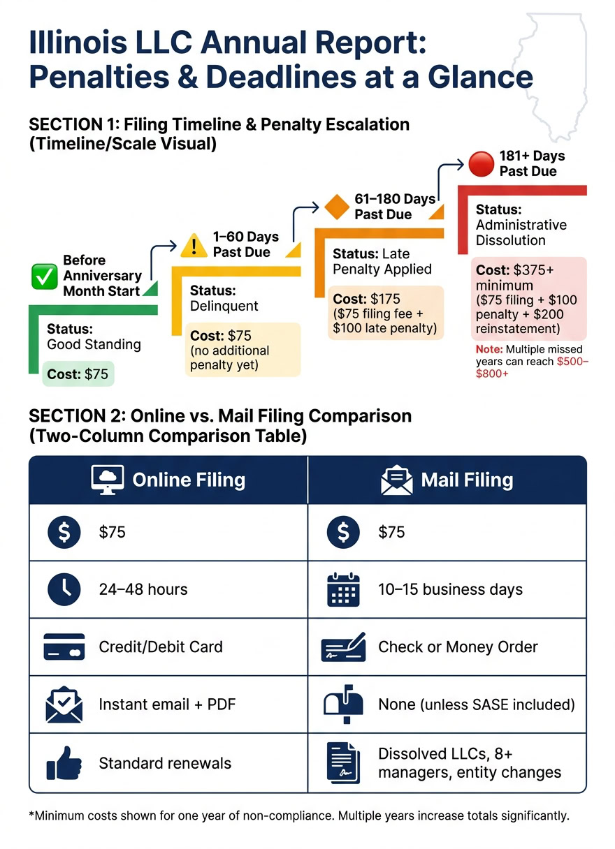 Infographic showing Illinois LLC annual report penalties, deadlines, and filing options for businesses.