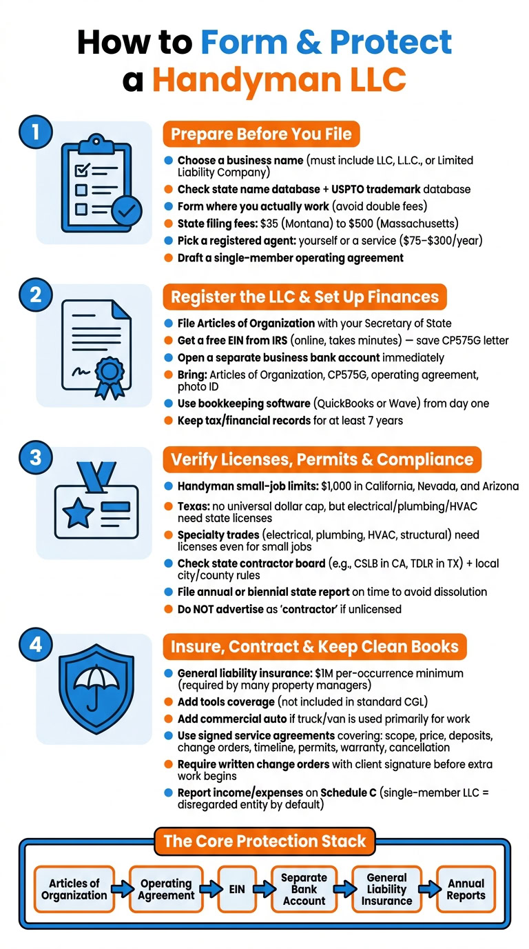 Business Anywhere logo with handyman tools and business icons for Handyman LLC registration and protection.