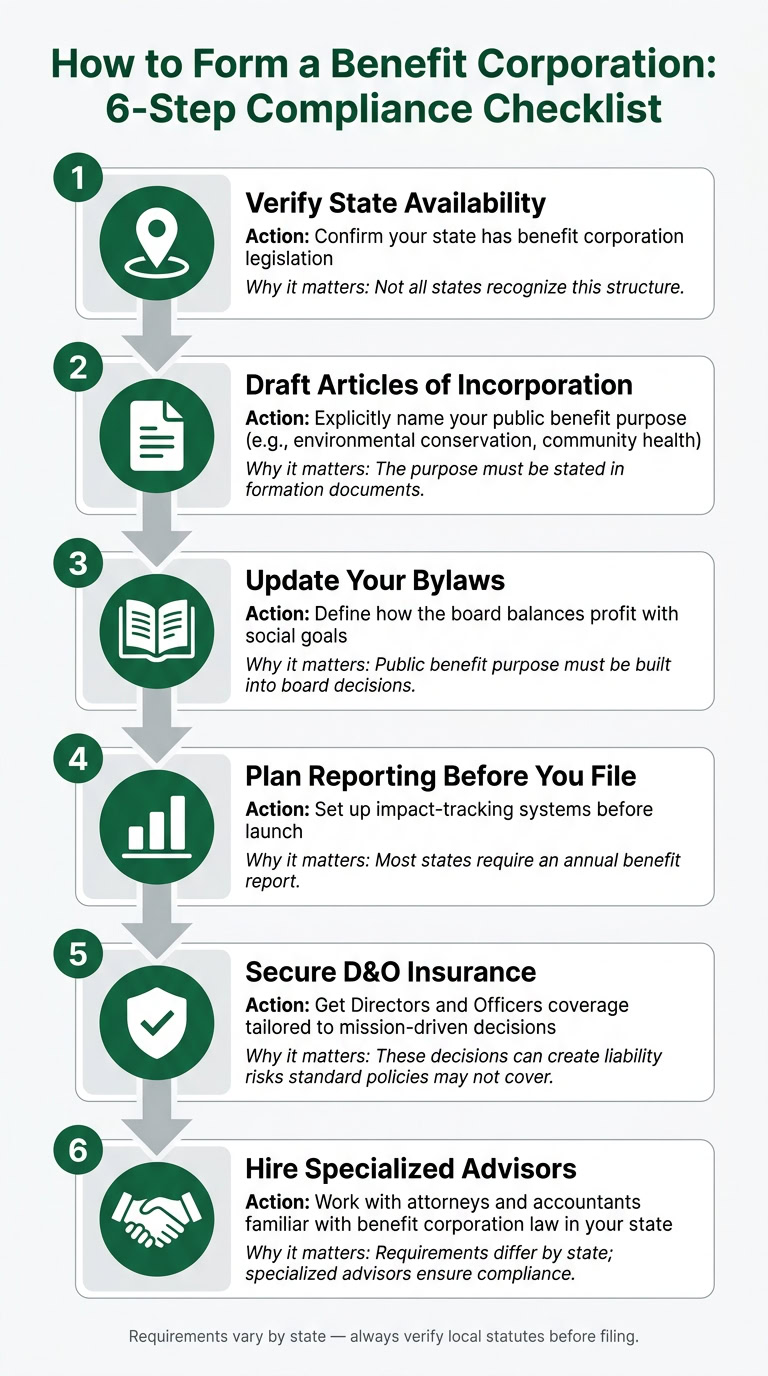 Step-by-step guide on forming a benefit corporation with compliance checklist and legal tips.