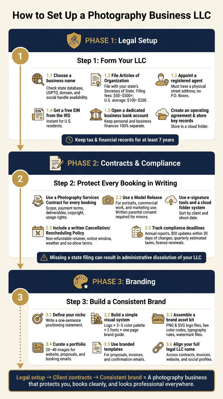 Step-by-step guide on setting up a photography business LLC, including legal setup, contracts, and branding essentials for entrepreneurs.